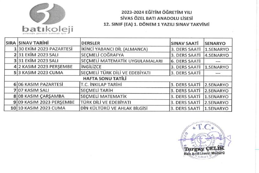 2023-2024 1. DÖNEM 1. YAZILI SINAV TARİHLERİ